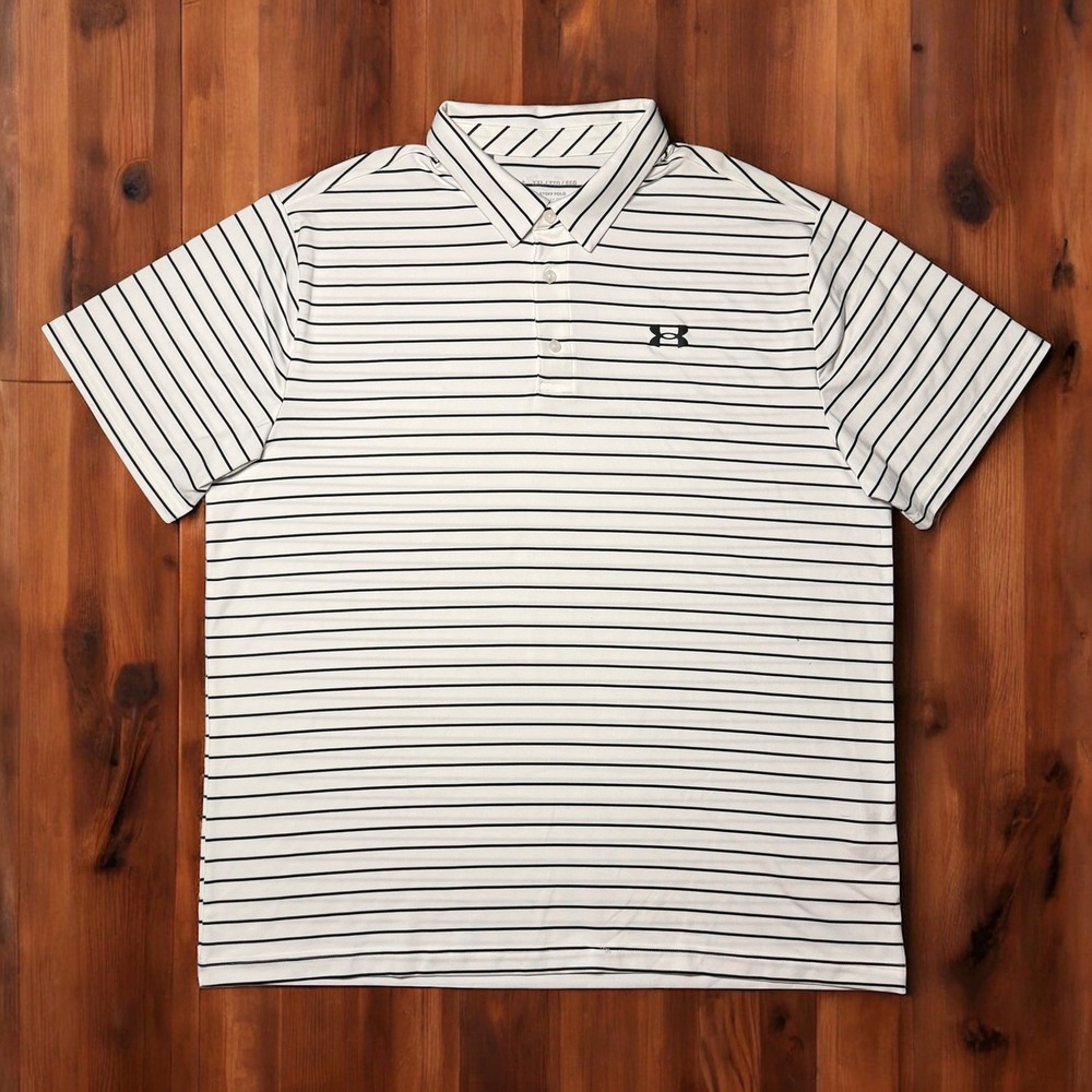 Under Armour Playoff Golf Polo Mens 2XL White Striped‎ Stretch Shirt
